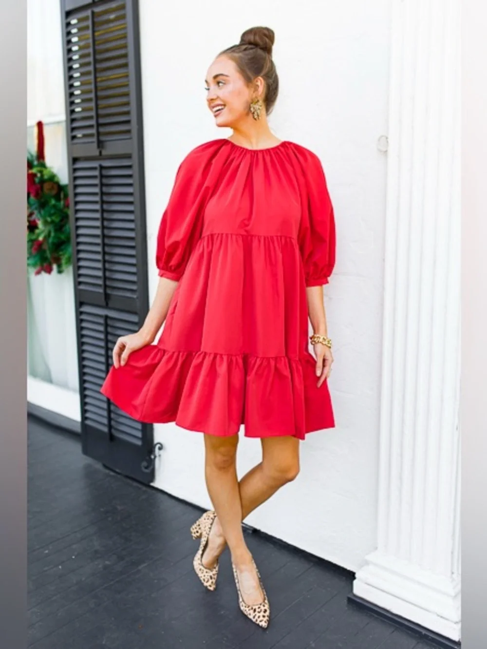 Sweet Magnolia Red Puff-Sleeve Tiered Dress with Bows in back, size XL - Picture 1 of 9
